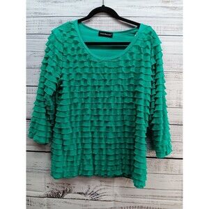 Travel Elements Blouse Size Large Ruffle 3/4 Sleeve Green Round Neck
